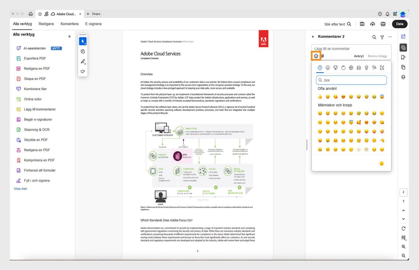 Emoticon-fönstret i kommentarspanelen visas. 