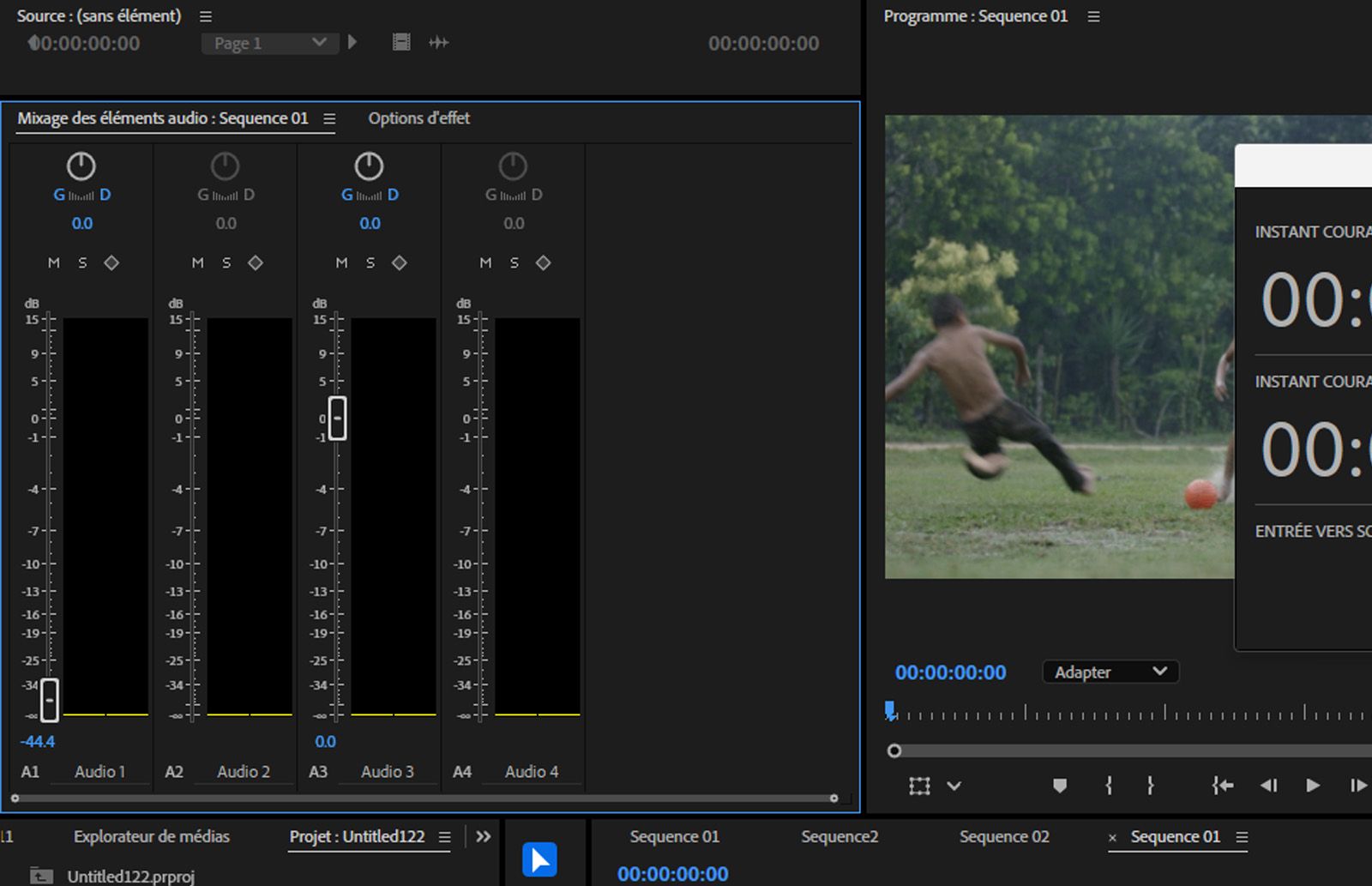  Le mixage de clips est ouvert et le canal vide A2 reflète l’espace de la tête de lecture.