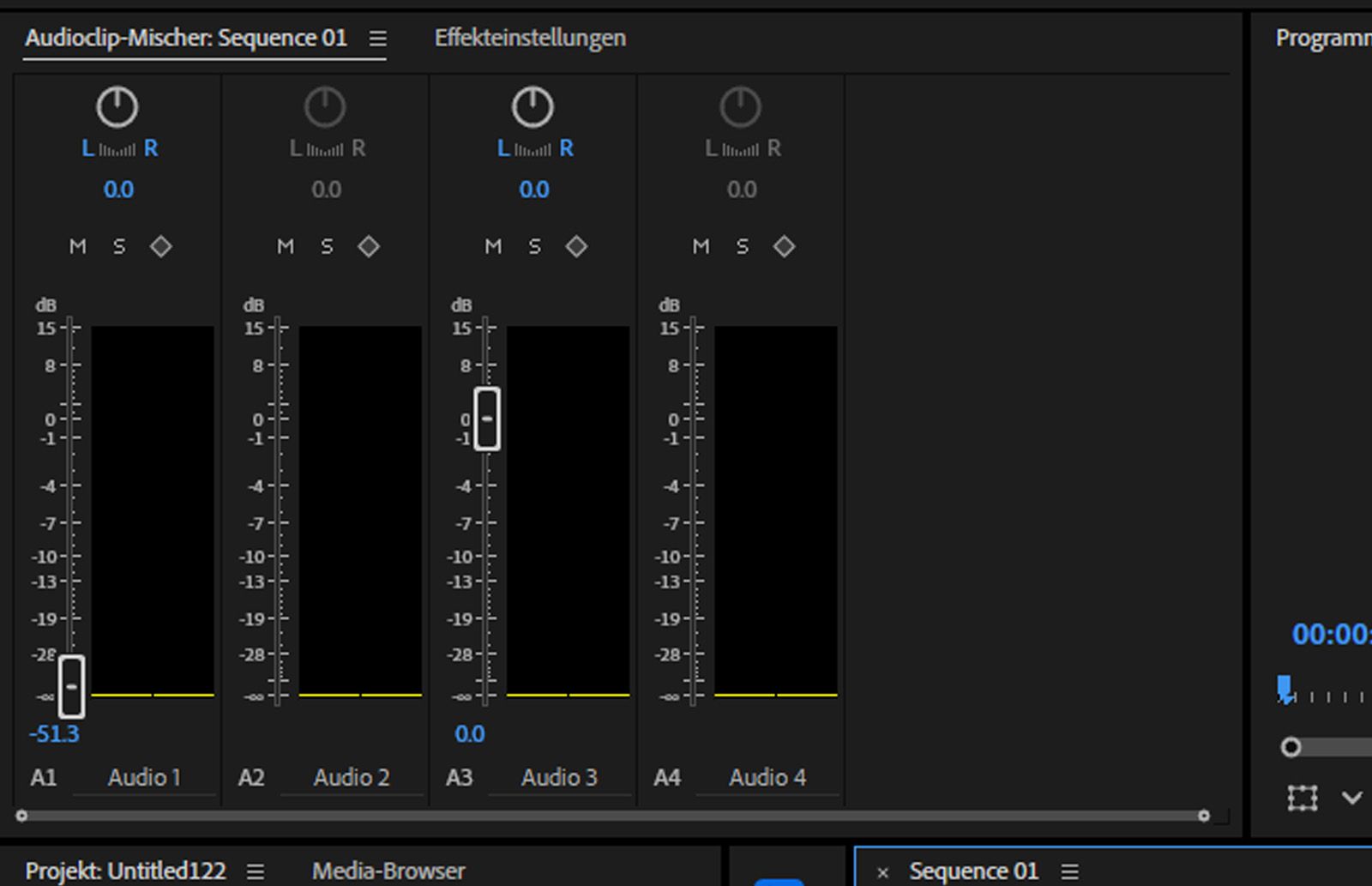  Der Clip-Mischer ist geöffnet und der leere Kanal A2 spiegelt die Abspielkopflücke wider.