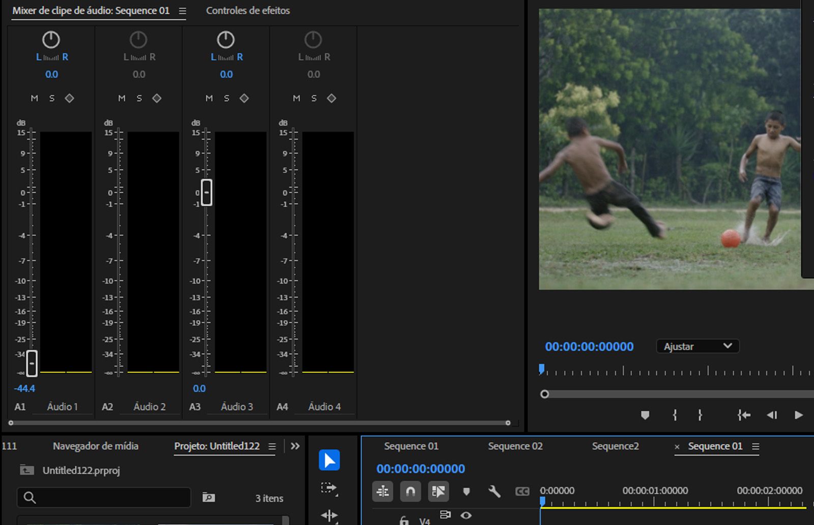  O mixer de clipes aberto com o canal A2 vazio refletindo o intervalo do indicador de reprodução.