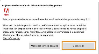 Notificación de desinstalación del servicio de Adobe genuino