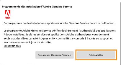 Notification de désinstallation d’Adobe Genuine Service