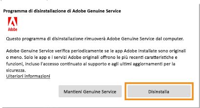 Notifica di disinstallazione di Adobe Genuine Service