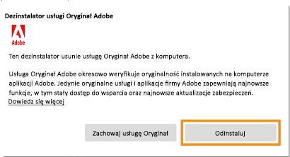 Powiadomienie dezinstalatora usługi Oryginał Adobe