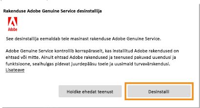 Rakenduse Adobe Genuine Service desinstallija teavitus