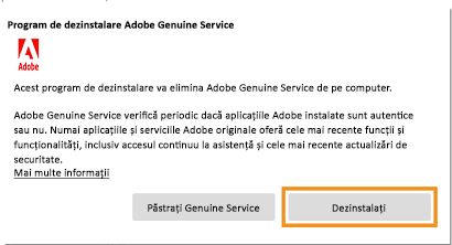 Notificare de dezinstalare a Serviciului Adobe autentic