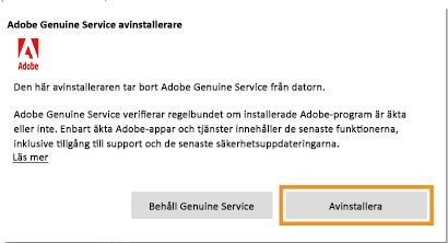 Meddelande om avinstallation av Adobe Genuine Service