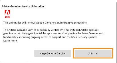 הודעת מסיר ההתקנה של Adobe Genuine Service