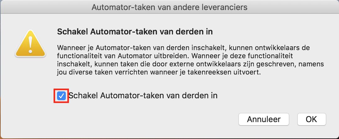 Dialoogvenster Third Party Automator Actions