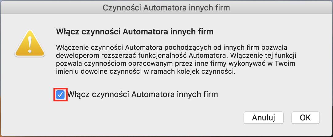 Okno dialogowe Operacje programu Automator dostarczane przez inne firmy