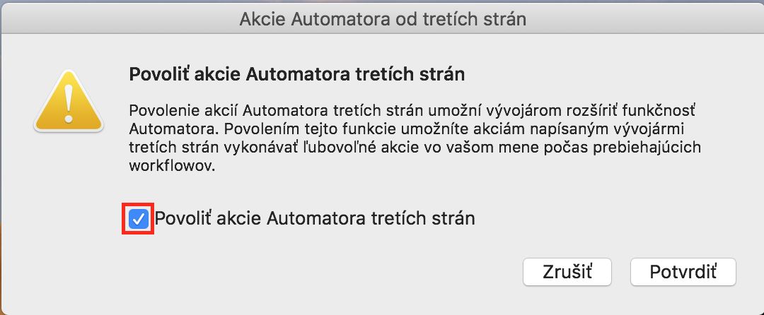 Dialógové okno činností Automator tretej strany