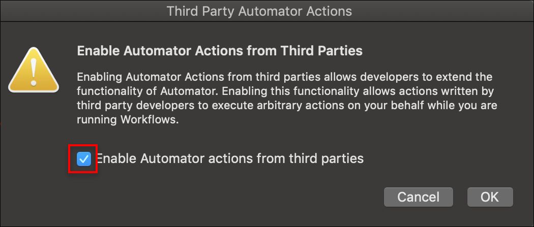 Pogovorno okno dejanja programa Automator tretjih oseb
