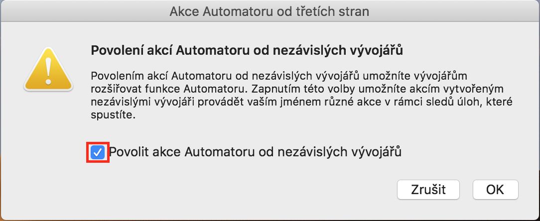 Dialogové okno Akce Automatoru třetích stran