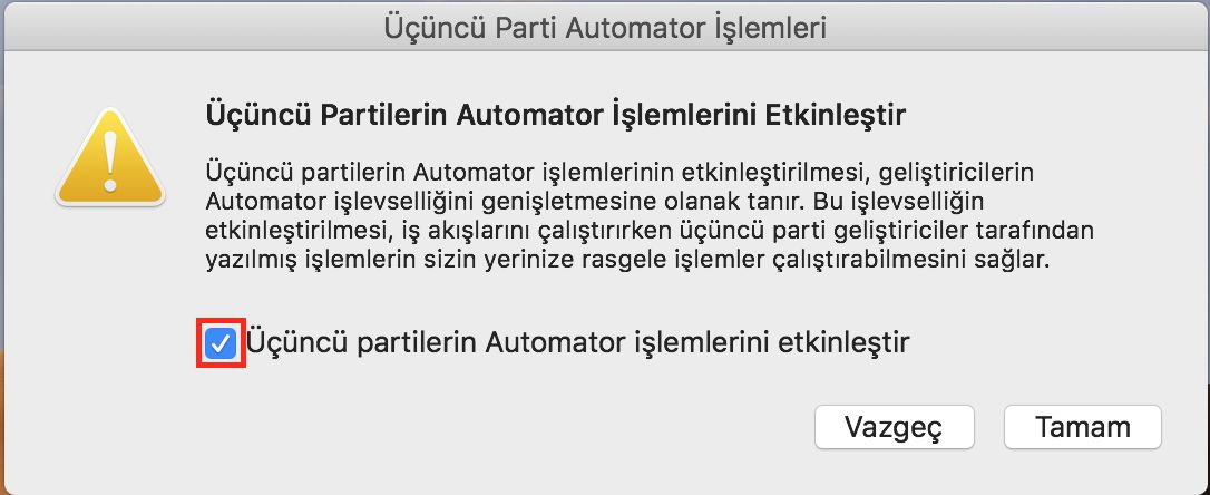 Üçüncü taraf automator eylemleri penceresi