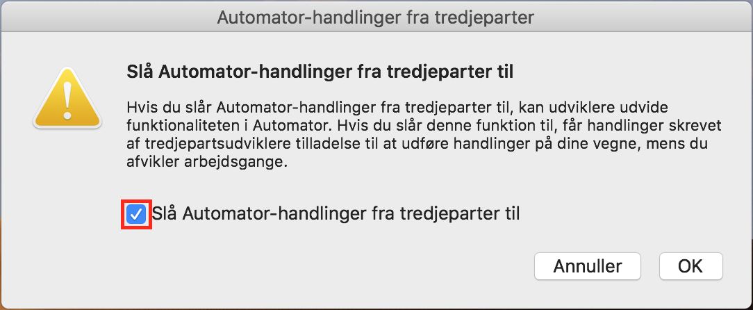 Dialogboksen Automator-handlinger fra tredjeparter