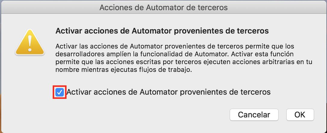 Cuadro de diálogo de acciones de Automator de terceros