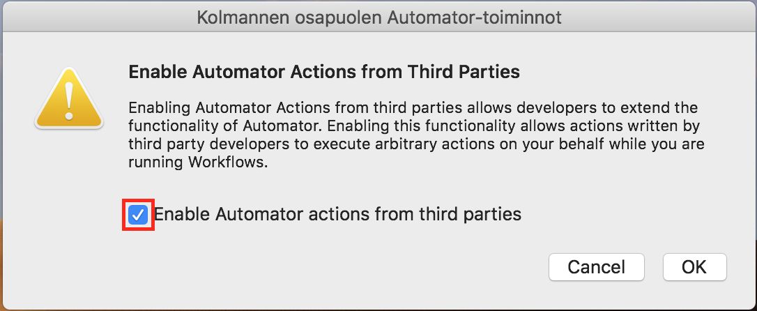 Kolmannen osapuolen Automator-toiminnot -valintaikkuna