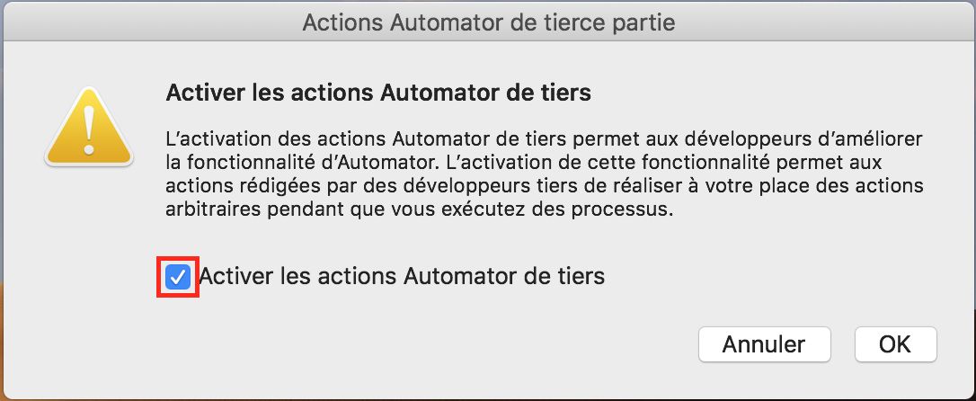 Boîte de dialogue Actions Automator tierces
