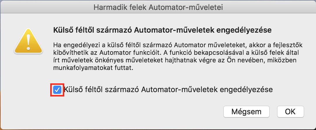 Harmadik féltől származó Automator műveletei párbeszédpanel