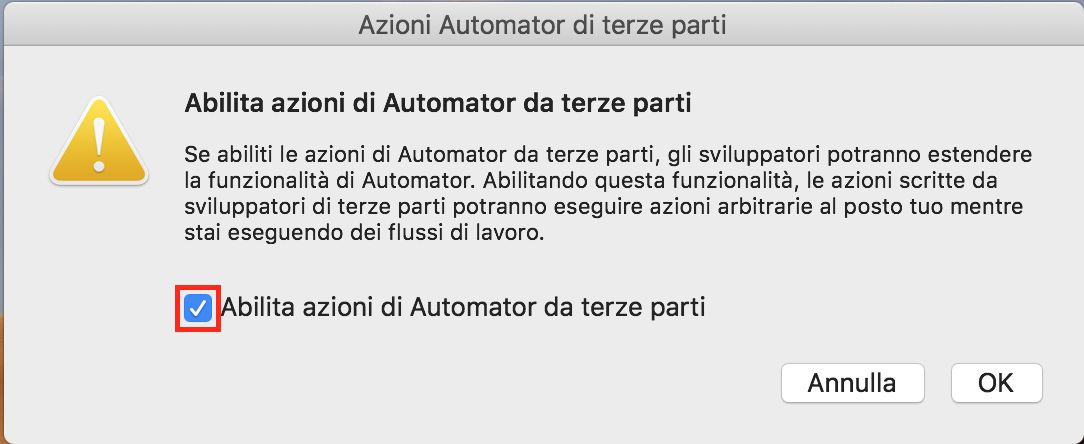 Finestra di dialogo Azioni di automator di terze parti