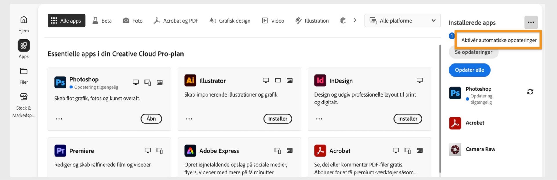 Fanen Apps i Creative Cloud-computerappen viser de apps, som du kan downloade, og mulighederne for at aktivere automatiske opdateringer og søge efter opdateringer i højre panel. 