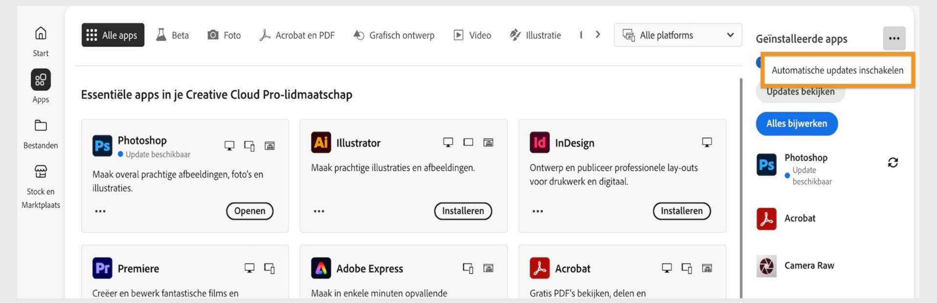 Op het tabblad Apps van de Creative Cloud desktop-app worden de apps weergegeven die je kunt downloaden, met in het rechterdeelvenster opties om automatische updates in te schakelen en te controleren op updates. 