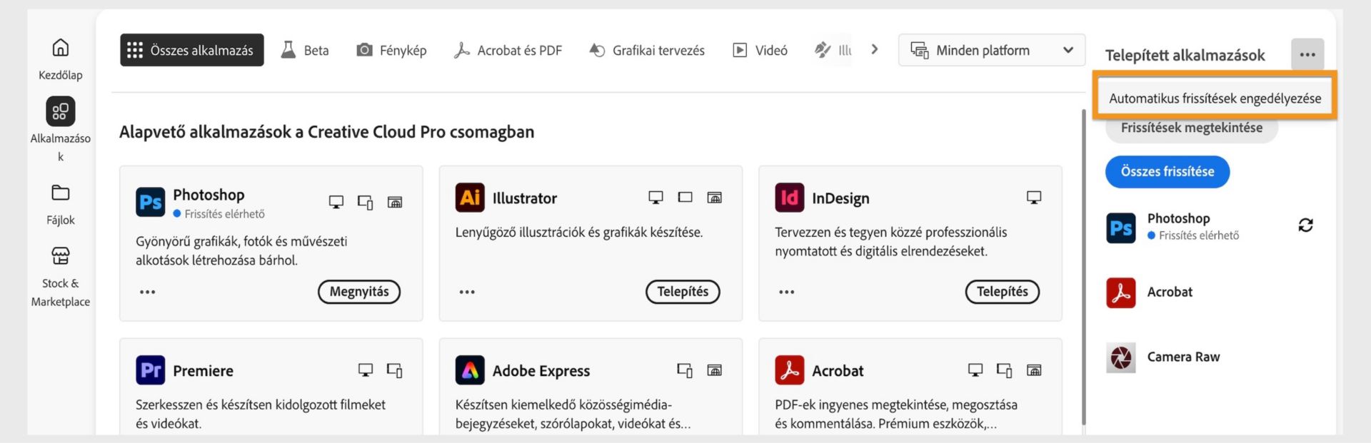 A Creative Cloud asztali alkalmazás Alkalmazások lapján láthatók a letölthető alkalmazások, valamint az automatikus frissítések engedélyezésének és a frissítések keresésének lehetőségei a jobb oldali panelen. 