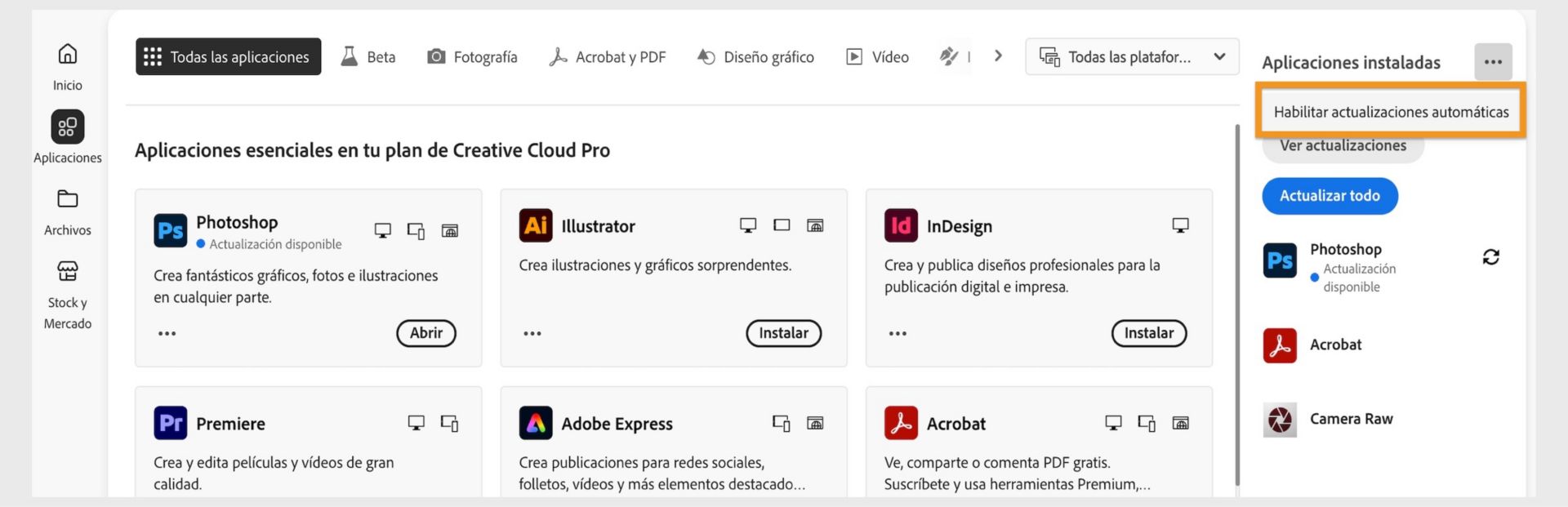 La pestaña Aplicaciones de la aplicación de escritorio de Creative Cloud muestra las aplicaciones que puede descargar y las opciones para habilitar las actualizaciones automáticas y buscar actualizaciones en el panel derecho. 