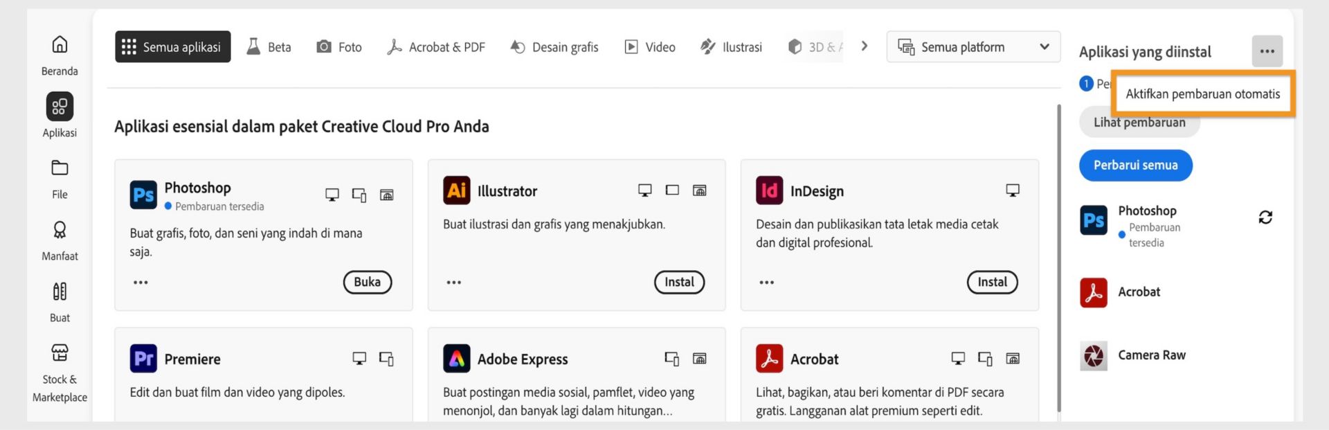 Tab Aplikasi pada aplikasi Creative Cloud Desktop menampilkan aplikasi yang dapat Anda unduh dan opsi untuk mengaktifkan pembaruan otomatis serta memeriksa pembaruan di panel kanan. 