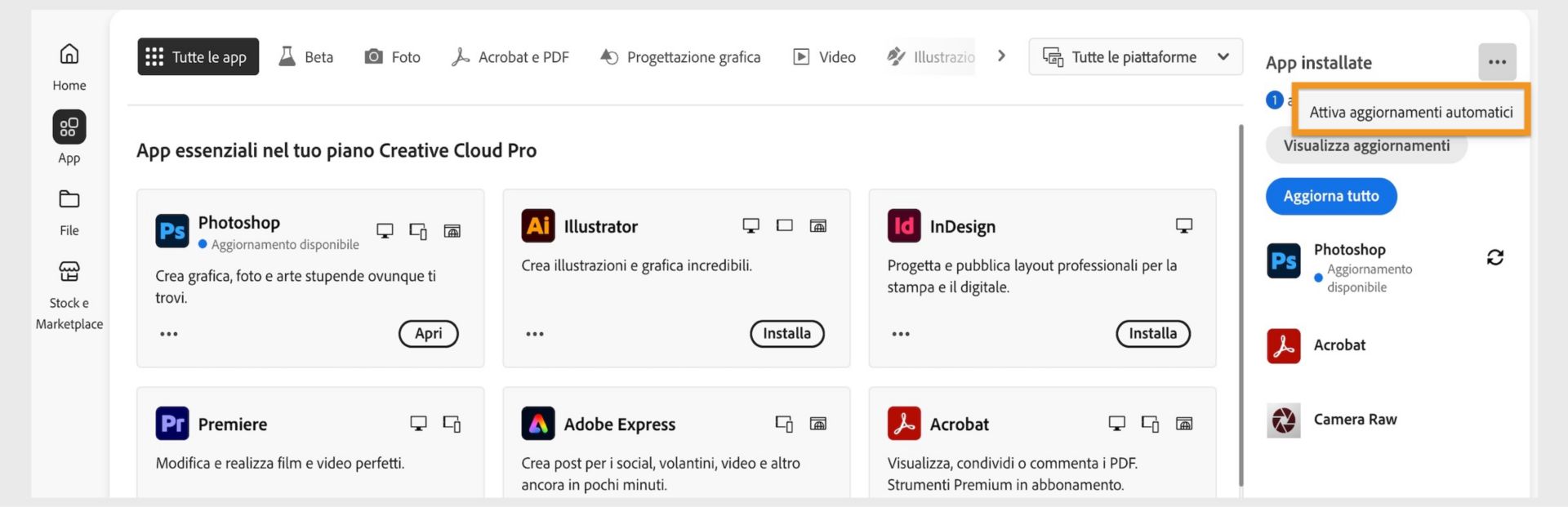 La scheda App dell'app Creative Cloud mostra le app che puoi scaricare e le opzioni per abilitare gli aggiornamenti automatici e verificare la presenza di aggiornamenti nel pannello a destra. 