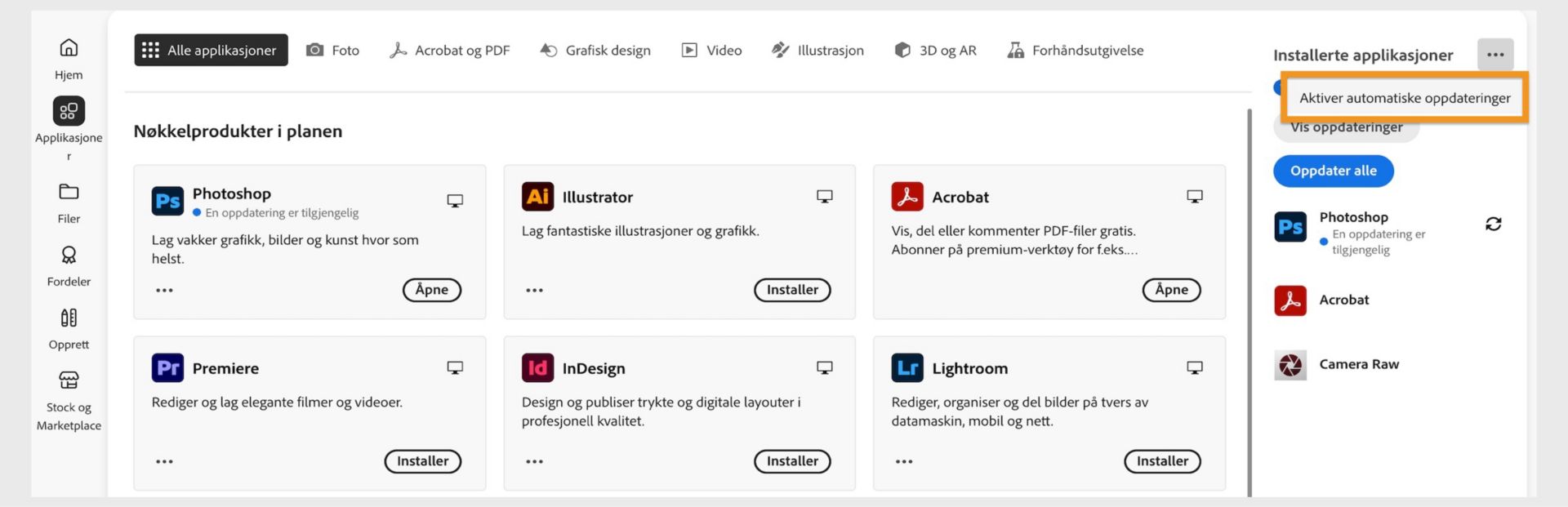 I panelet til høyre under Applikasjoner-fanen i Creative Cloud-applikasjonen for datamaskin finner du applikasjonene du kan laste ned, samt alternativer for å aktivere automatiske oppdateringer og se etter oppdateringer. 