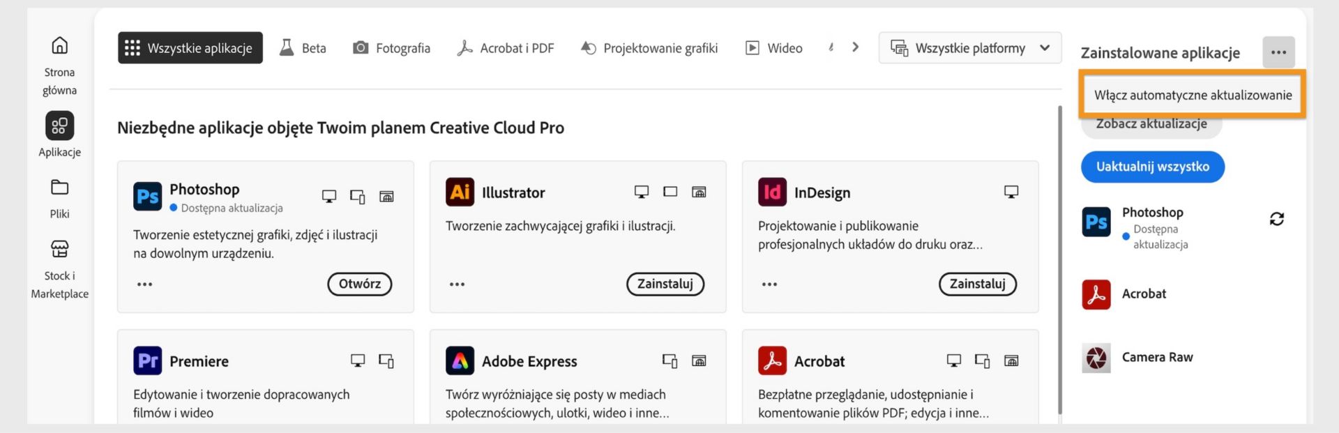 Na karcie „Aplikacje” w aplikacji Creative Cloud Desktop wyświetlana jest lista programów dostępnych do pobrania. W prawym panelu można włączyć automatyczne aktualizacje lub sprawdzić dostępność nowych wersji. 