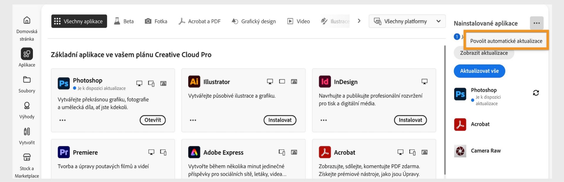 Na kartě Aplikace v aplikaci Creative Cloud pro počítače se zobrazují aplikace, které lze stáhnout, a možnosti pro povolení automatických aktualizací a kontrolu aktualizace v pravém panelu. 
