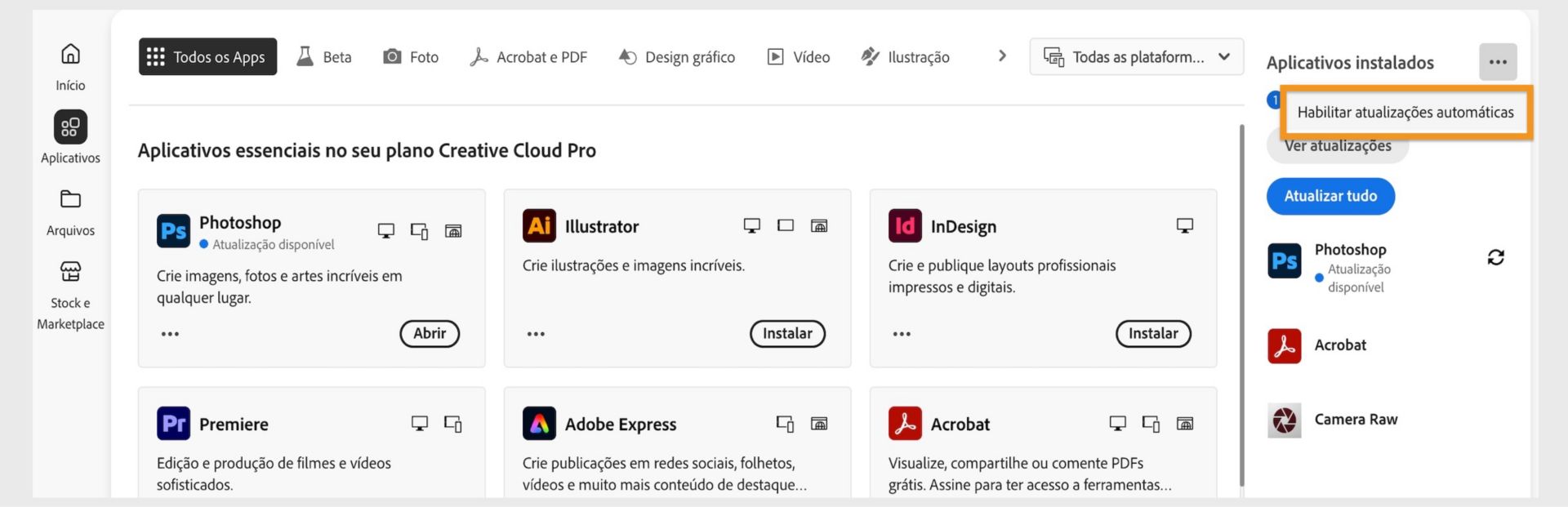 A guia Aplicativos do aplicativo de desktop da Creative Cloud mostra os aplicativos que você pode baixar e as opções para ativar as atualizações automáticas e verificar atualizações no painel direito. 
