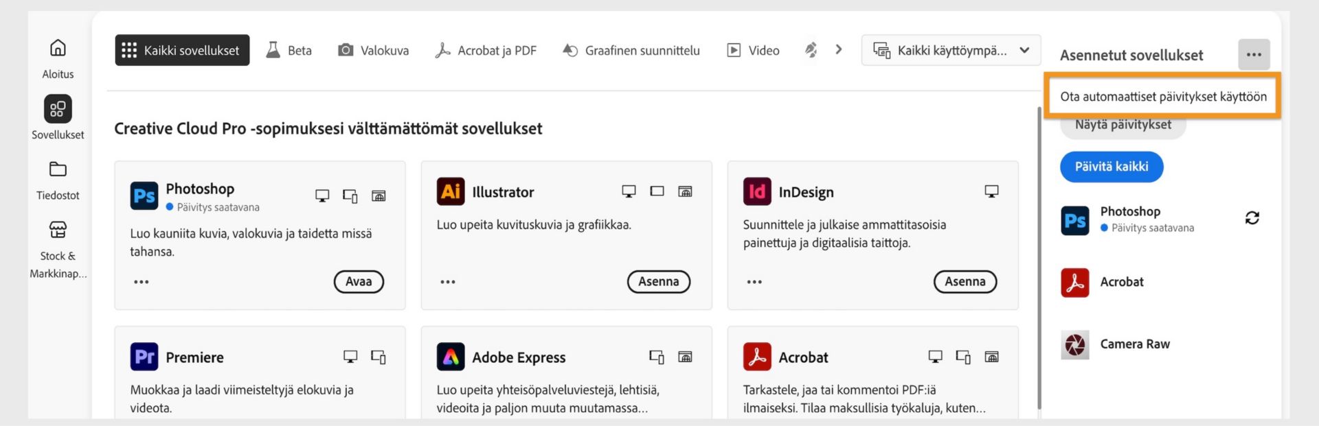 Creative Cloud -tietokonesovelluksen Sovellukset-välilehdessä näkyvät ladattavissa olevat sovellukset sekä vaihtoehdot automaattisten päivitysten ottamiseksi käyttöön ja päivitysten tarkistamiseksi oikeanpuoleisessa paneelissa. 