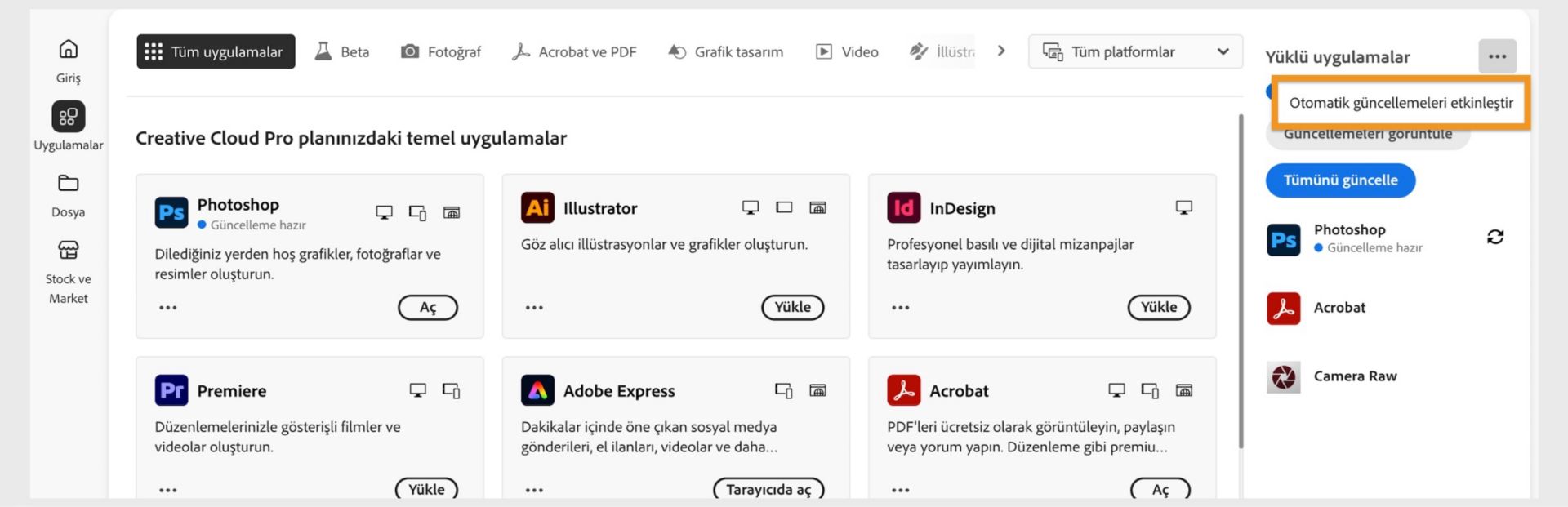 Creative Cloud masaüstü uygulamasının Uygulamalar sekmesinde, indirebileceğiniz uygulamalar ve sağ panelde otomatik güncellemeleri etkinleştirme ve güncellemeleri denetleme seçenekleri gösterilir. 