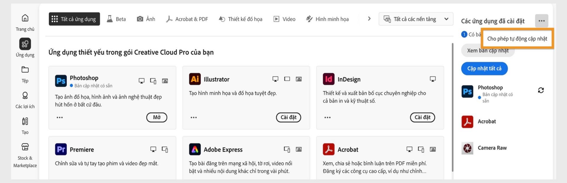 Tab Ứng dụng trong ứng dụng Creative Cloud cho máy tính để bàn sẽ hiển thị các ứng dụng bạn có thể tải xuống, cùng với các tùy chọn để bật tự động cập nhật và kiểm tra bản cập nhật ở bảng điều khiển bên phải. 