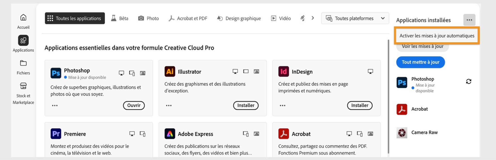 L‘onglet Applications de l‘application Creative Cloud affiche les applications que vous pouvez télécharger et les options permettant d‘activer les mises à jour automatiques et de rechercher les mises à jour sur le panneau de droite. 