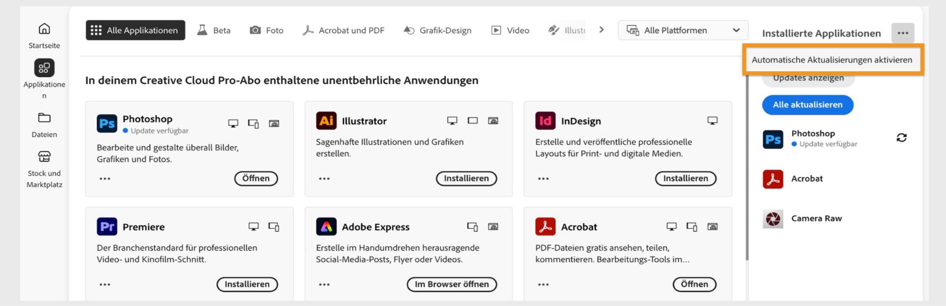 Auf der Registerkarte „Applikationen“ des Creative Cloud-Clients werden die Applikationen angezeigt, die du herunterladen kannst, sowie auf der rechten Seite die Optionen zum Aktivieren der automatischen Aktualisierung und zum Suchen nach Updates. 