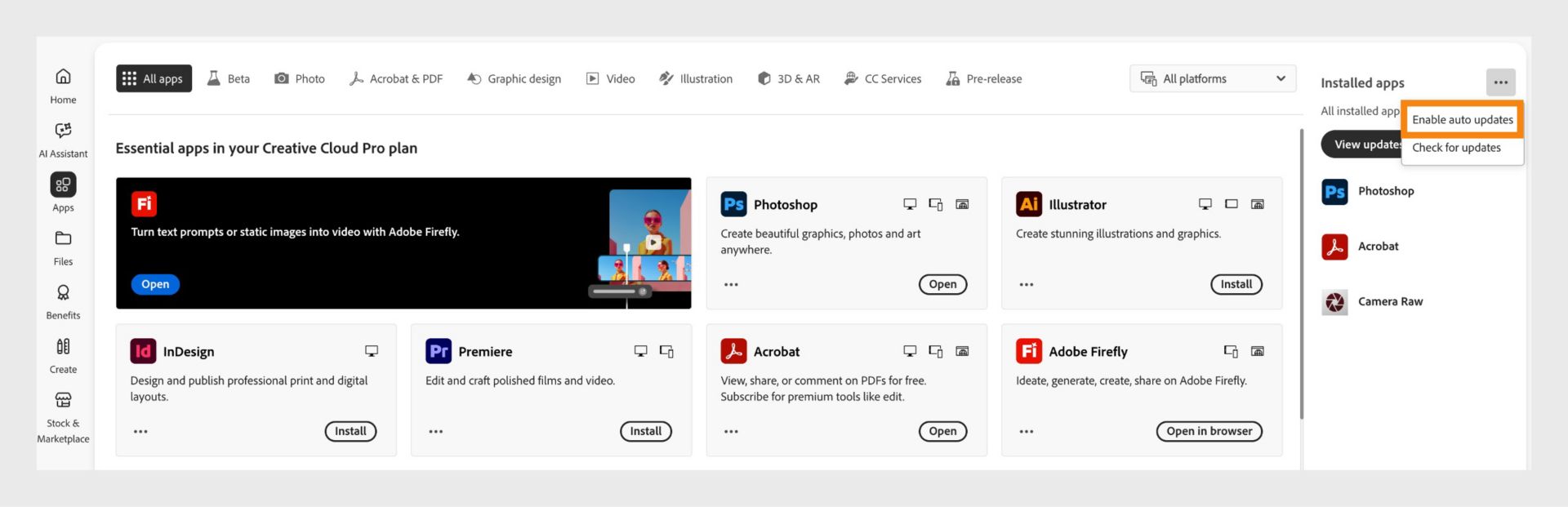 The Apps tab of the Creative Cloud desktop app shows the apps that you can download and the options to enable auto-updates and check for updates on the right panel. 