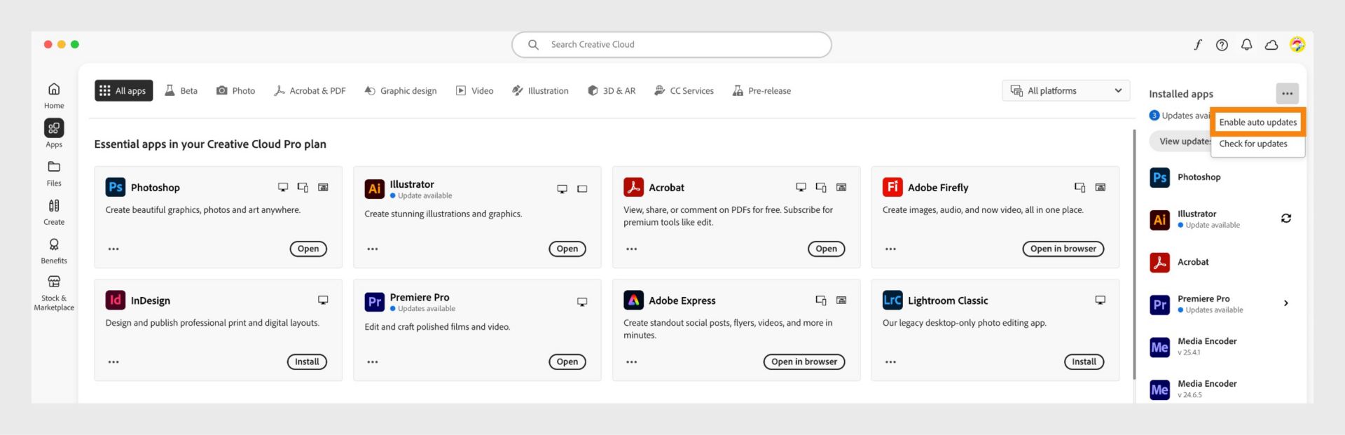 La pestaña Aplicaciones de la aplicación de escritorio de Creative Cloud muestra las aplicaciones que puede descargar y las opciones para habilitar las actualizaciones automáticas y buscar actualizaciones en el panel derecho. 