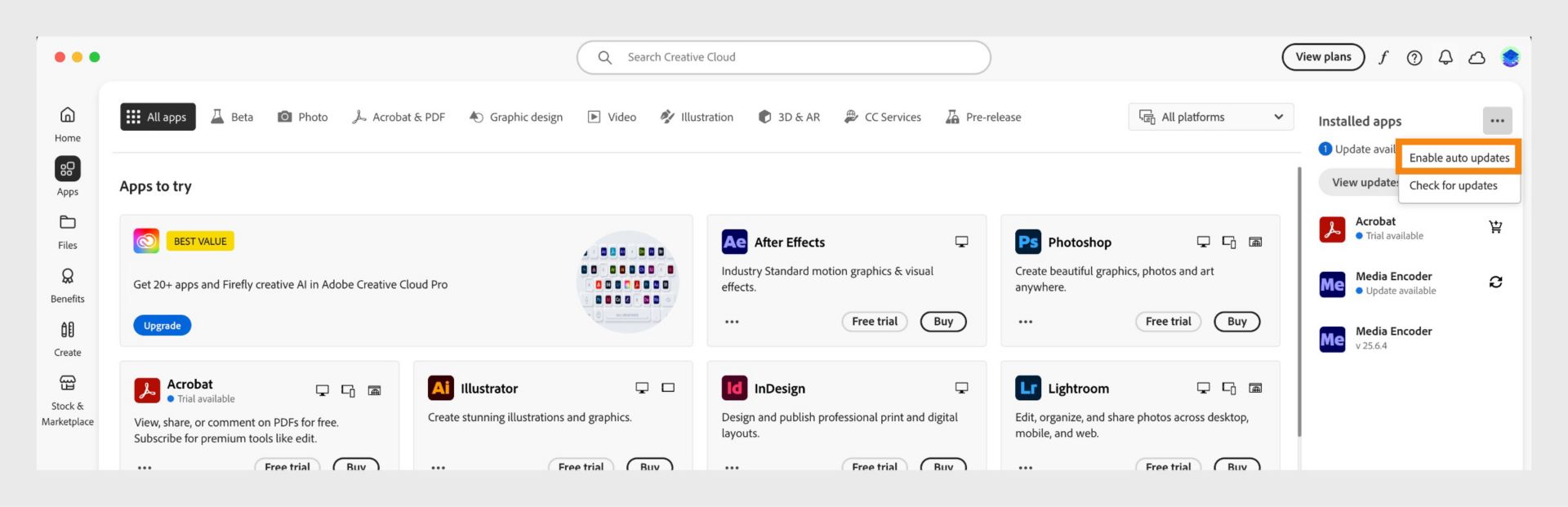 Разделът „Приложения“ на настолното приложение Creative Cloud показва приложенията, които можете да изтеглите, и опциите за активиране на автоматични актуализации и проверка за актуализации в десния панел. 
