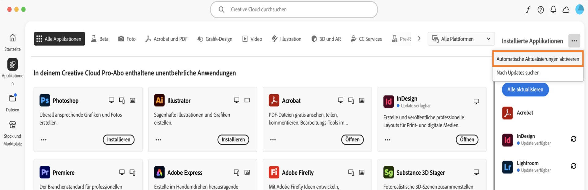 Auf der Registerkarte „Applikationen“ des Creative Cloud-Clients werden die Applikationen angezeigt, die du herunterladen kannst, sowie auf der rechten Seite die Optionen zum Aktivieren der automatischen Aktualisierung und zum Suchen nach Updates. 