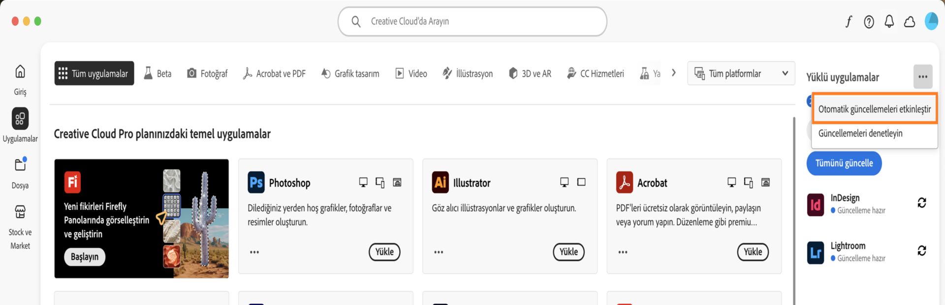 Creative Cloud masaüstü uygulamasının Uygulamalar sekmesinde, indirebileceğiniz uygulamalar ve sağ panelde otomatik güncellemeleri etkinleştirme ve güncellemeleri denetleme seçenekleri gösterilir. 