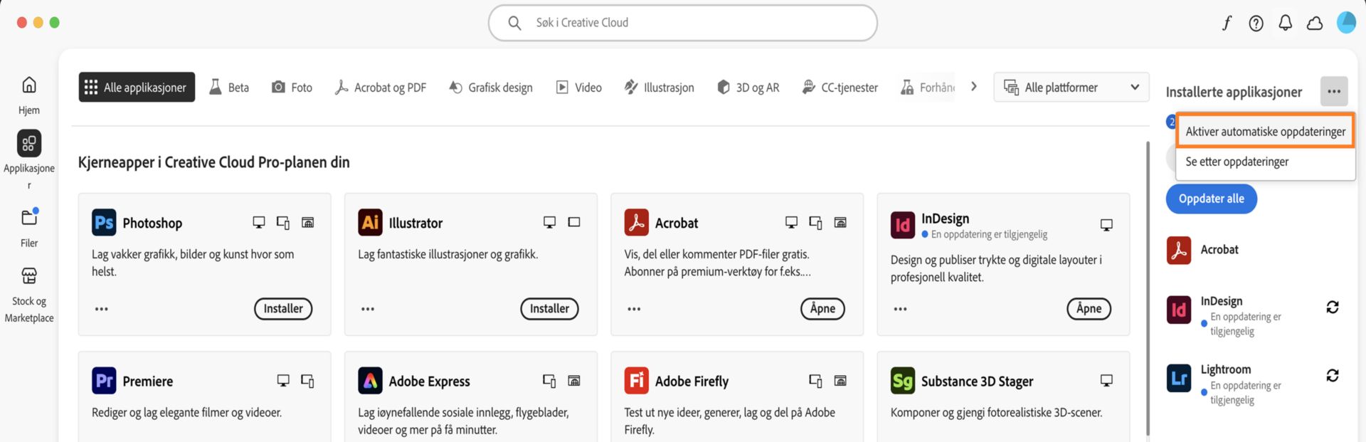 I panelet til høyre under Applikasjoner-fanen i Creative Cloud-applikasjonen for datamaskin finner du applikasjonene du kan laste ned, samt alternativer for å aktivere automatiske oppdateringer og se etter oppdateringer. 