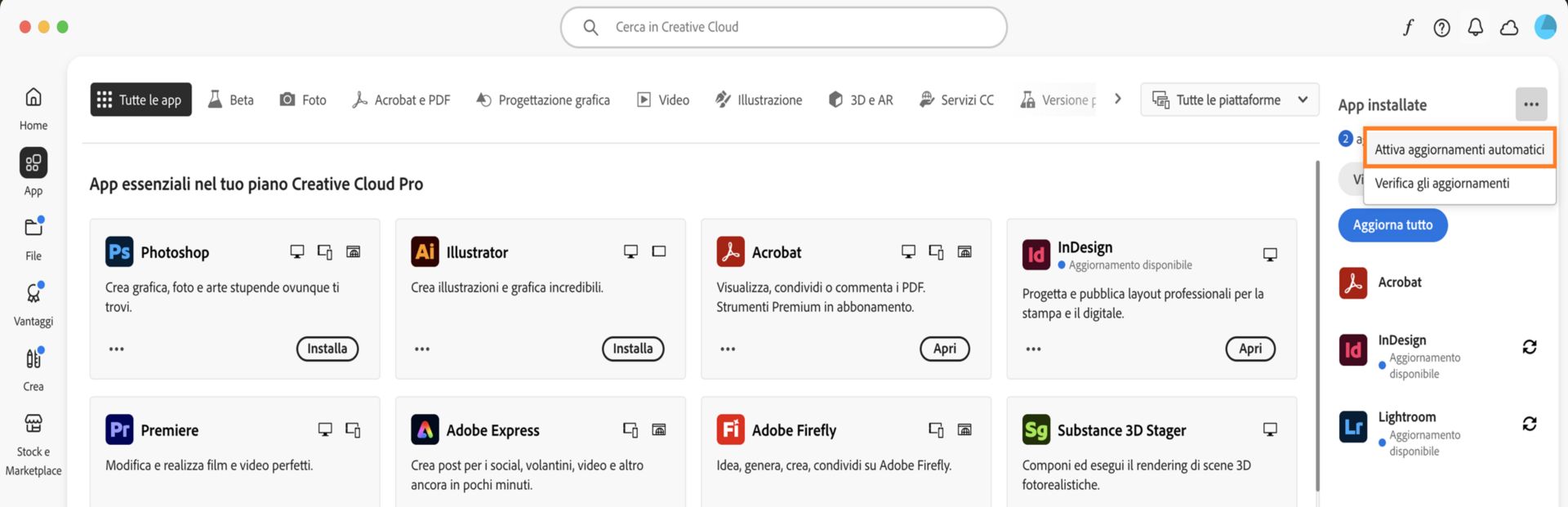 La scheda App dell'app Creative Cloud mostra le app che puoi scaricare e le opzioni per abilitare gli aggiornamenti automatici e verificare la presenza di aggiornamenti nel pannello a destra. 