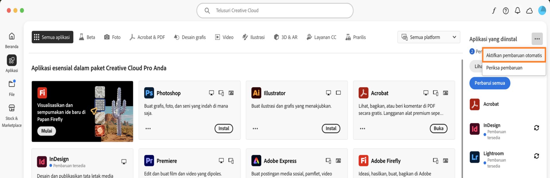 Tab Aplikasi pada aplikasi Creative Cloud Desktop menampilkan aplikasi yang dapat Anda unduh dan opsi untuk mengaktifkan pembaruan otomatis serta memeriksa pembaruan di panel kanan. 