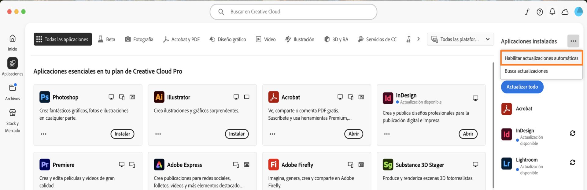 La pestaña Aplicaciones de la aplicación de escritorio de Creative Cloud muestra las aplicaciones que puede descargar y las opciones para habilitar las actualizaciones automáticas y buscar actualizaciones en el panel derecho. 