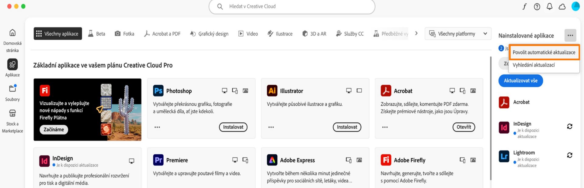 Na kartě Aplikace v aplikaci Creative Cloud pro počítače se zobrazují aplikace, které lze stáhnout, a možnosti pro povolení automatických aktualizací a kontrolu aktualizace v pravém panelu. 