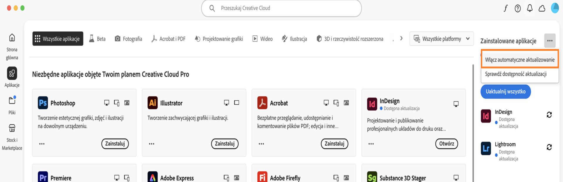 Na karcie „Aplikacje” w aplikacji Creative Cloud Desktop wyświetlana jest lista programów dostępnych do pobrania. W prawym panelu można włączyć automatyczne aktualizacje lub sprawdzić dostępność nowych wersji. 